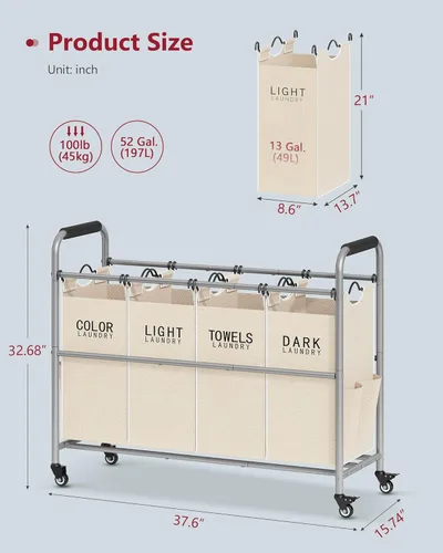 Vista 7 de Tajsoon Carrito clasificador de ropa sucia de 4 bolsas, clasificador de cestas de lavandería de 4 secciones con ruedas enrollables resistentes