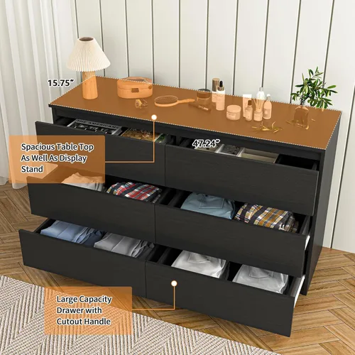 Vista 5 de Vibe & Dine Cómoda doble con 6 cajones, cómoda moderna con amplio almacenamiento para armario, dormitorio, sala de estar, color negro