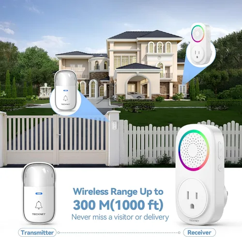 Vista 7 de TECKNET Kit de timbre inalámbrico autoalimentado, timbre de puerta enchufable con luz RGB, 60 campanillas y 5 niveles de volumen, timbre de aula