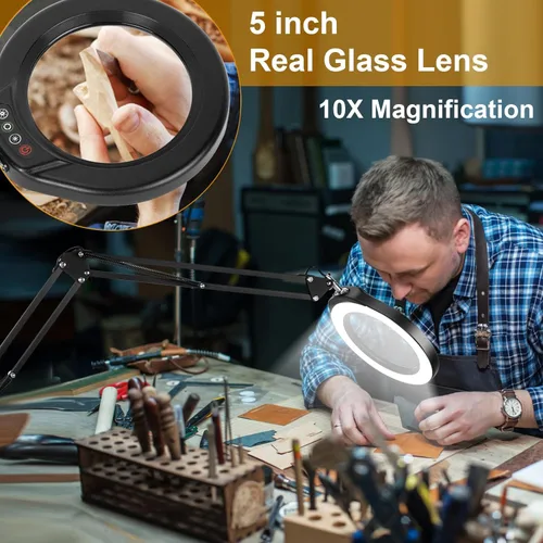 Vista 3 de VEEMAGNI Lupa grande de cristal real de 5 pulgadas con luz y soporte, 5 modos de color regulable continuo, 2 lámparas de escritorio con brazo