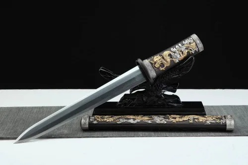 Vista 2 de Grado superior Tanto Brass18K Oro Doblado Acero Chino Dragón Phoenix Espada Corta