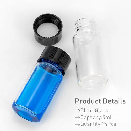 Vista 5 de JIUWU 14 frascos de botella de vidrio transparente de 0.2 fl oz y tapa de plástico, pequeño frasco de muestra líquida de 1/6 oz, botellas a prueba