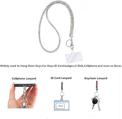 Vista 5 de Correa de cuello de cristal redondo de 34.8 pulgadas, soporte para insignia de identificación, collar de diamantes de imitación, clip de carrete