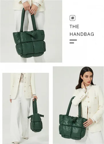 Vista 5 de Bolsa grande acolchada, de algodón, acolchada de moda, para mujer, bolsa de hombro suave, bolsa de nailon con almohada de plumón