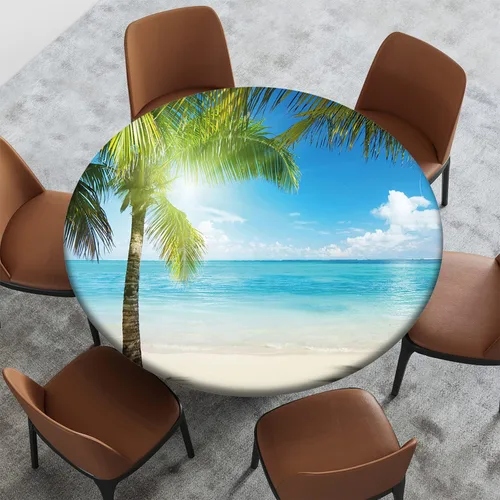 Vista 18 de Cubierta redonda con diseño de playa, borde elástico, picnic al aire libre, patio, fiesta o comedor interior, decoración de mesas de comedor, azul