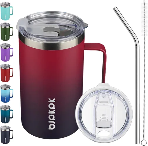 Vista 14 de BJPKPK Taza de café aislada con 2 tapas, vaso aislado de acero inoxidable de 25 onzas con asa, tazas de café de doble pared con aislamiento al