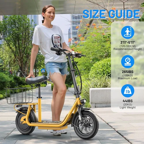 Vista 63 de Caroma Electric Scooter with Seat, Max 30 Miles Range&20MPH Speed, Peak 800/1200W Motor, Foldable Electric Scooter for Adults and Teens, Commuter E