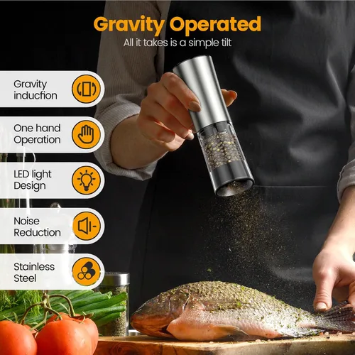 Vista 3 de Juego de molinillo eléctrico de sal y pimienta, molinillo de sal y pimienta recargable por gravedad con base de carga y luz LED, grosor ajustable