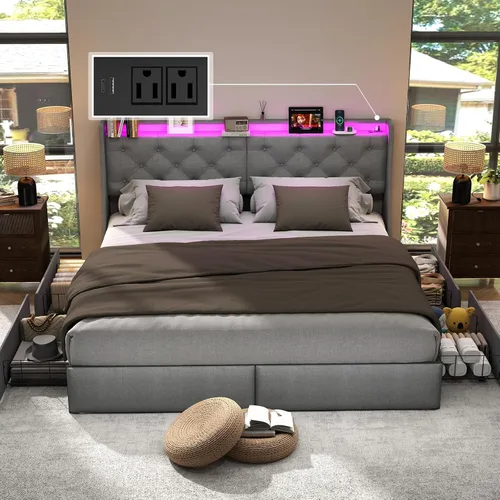 Vista 8 de Base de cama tamaño King con luces LED y estación de carga, plataforma tapizada con cabecera de almacenamiento y 4 cajones, soporte de listones