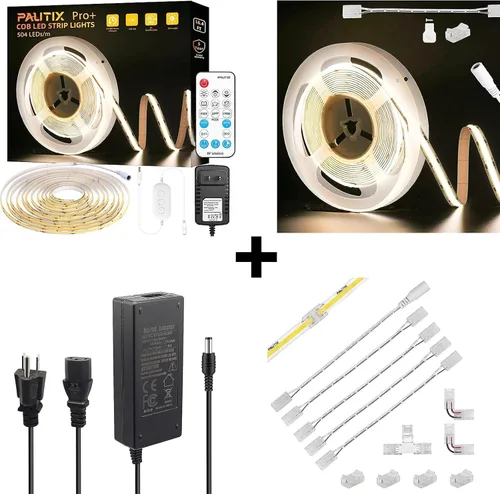 PAUTIX Tira de luz LED COB 4000K, 16.4 pies regulable DC24V blanco natural, kit de luz de cinta de alto lúmenes con control remoto RF 24V/2A, tira