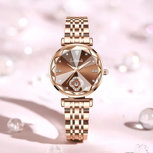 Vista 2 de Reloj de pulsera del cuarzo del diamante del oro rosa del acero inoxidable, reloj de moda de las señoras de la prenda impermeable