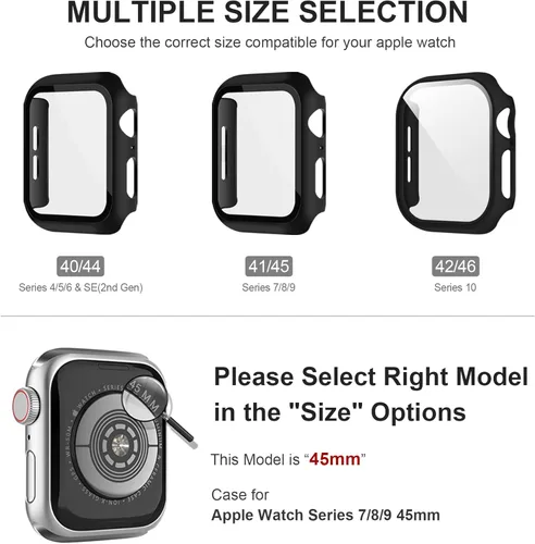 Vista 32 de Paquete de 3 fundas multicolor con protector de pantalla de vidrio templado para Apple Watch SE (Gen 1/2/3) Series 6/5/4 de 1.575 pulgadas, negro +