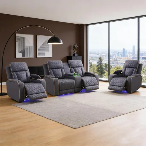 Vista 19 de Juego de sofá reclinable eléctrico para sala de estar, juego de sofá reclinable de pana con luces LED, puertos USB, almacenamiento oculto, juego