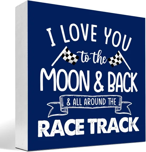 Letrero de madera "I Love You To The Moon And Back And All Around The Race Track" para decoración de escritorio, letrero de caja con banderas a