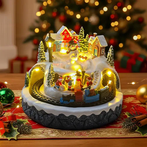 Vista 8 de Decoración de aldea navideña con tren giratorio y árbol de Navidad, edificios coleccionables musicales, 8 canciones, luces LED, función