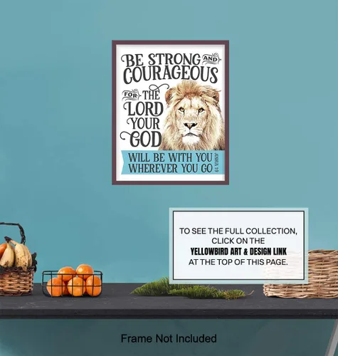 Vista 6 de Be Strong and Courageous Wall Art - Lion Religious Scripture Decor - Christian Bible Verse Gifts for Men, Boys Bedroom, Teen Room - Motivational