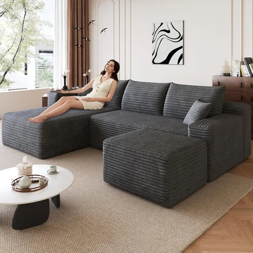 Vista 10 de Sofá modular de 95 pulgadas con otomana, moderno sofá nube de pana con asiento profundo, sofá sin hueso tapizado de 3 plazas en forma de U para sala