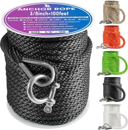 Vista 36 de Cuerda de anclaje prémium de 100 pies x 3/8 pulgadas, cuerda de anclaje MFP maciza con dedal y grillete, color naranja/amarillo