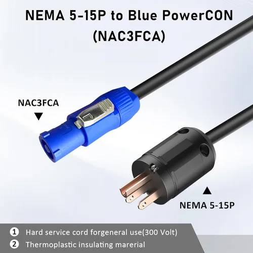 Vista 3 de Cable PowerCON de 12 AWG, conector NEMA 5-15p a PowerCON, cable de alimentación de CA PowerCON de 3 pines, entrada PowerCon, conector macho, cable