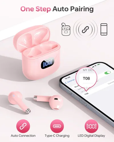 Vista 7 de Auriculares inalámbricos Bluetooth 5.3, reproducción de 40 horas, auriculares estéreo con pantalla LED, estuche de carga IPX7, auriculares