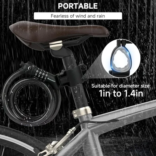 Vista 6 de Candado para bicicleta, 1.19 metros, combinación de 4 dígitos reseteable, contraseña, candado de cable antirrobo, lindos candados para bicicleta