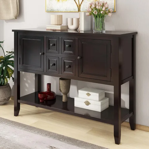 Vista 10 de Merax Mesa de buffet de madera con estante de almacenamiento, 2 cajones y armarios, gabinete de barra de café para sala de estar, comedor, cocina