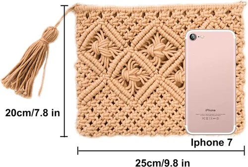 Vista 2 de Magibag Bolso de mano con borla de ganchillo, bolsa de mano de algodón, macramé, bolso de mano tejido a mano, bolso de pulsera con cremallera