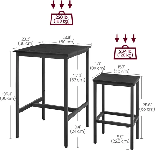 Vista 4 de VASAGLE - Juego de mesa de bar y sillas, mesa cuadrada con 2 taburetes, juego de pub para comedor para 2, ahorro de espacio para cocina, desayuno