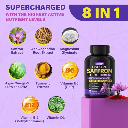 Vista 7 de Nextdia Suplementos de azafrán - 100 mg de extracto liposomal de azafrán 100% puro con glicinato de magnesio, omega-3, cúrcuma, Ashwagandha