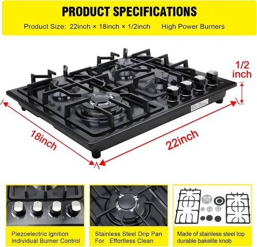 Vista 2 de FORIMO Placa de cocina de gas de 22 pulgadas, estufa de gas integrada de 4 quemadores de acero inoxidable con kit de conversión de GN/LPG