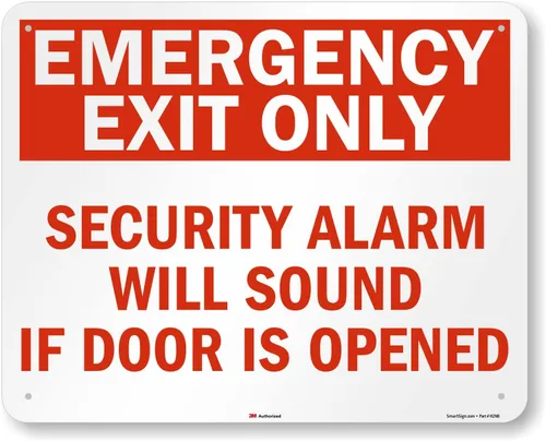 Vista 13 de SmartSign Letrero de metal con texto en inglés «Emergency Exit Only – Security Alarm Will Sound If Door Is Opened», aluminio de 63 mil