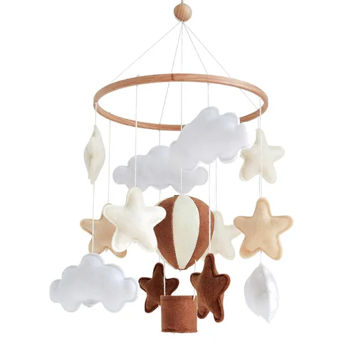 Móvil de globo de aire caliente neutro para cuna de bebé bohemio para niñas, niños, estrellas y nubes, globo de aire caliente, móvil para cuna Beige
