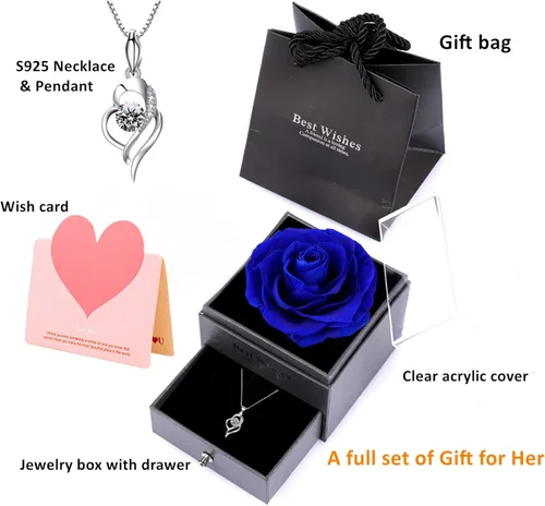 Vista 7 de Rosa real preservada con collar de plata de ley, caja de regalo de joyería de rosa preservada con collar con dije, rosa eterna, regalo para mamá