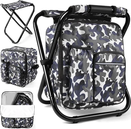 Vista 11 de Kikerike Silla enfriadora de taburetes tipo mochila resistente de 250 libras de carga máxima, portátil, ligera, plegable, para pesca, camping, caza