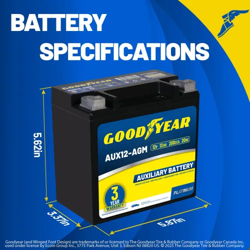 Vista 2 de Goodyear AUX12-AGM 12V 12 AH, 20RC, 200 CCA Batería auxiliar recargable AGM libre de mantenimiento de la serie Platinum