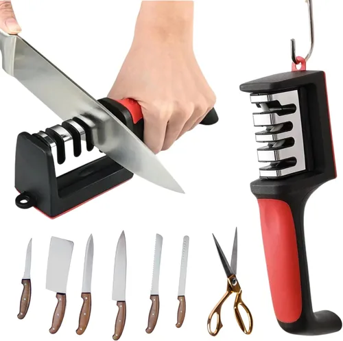 Afilador de cuchillos y tijeras 4 en 1 - Afilado rápido y fácil para todos los cuchillos y tijeras en menos de 1 minuto - Mango antideslizante,