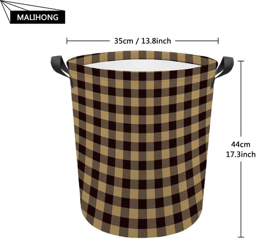 Vista 4 de Cesta de lavandería grande a cuadros de búfalo plegable con asas, bolsa de almacenamiento de ropa impermeable para baño, dormitorio, amarillo y negro
