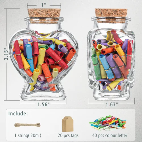 Vista 6 de Honeymoon Sand Keepsake Jar 2025, 20 Pack Heart Shaped Spell Jars Coloured Paper Scrolls, DIY Gift for Valentine's Day, Small Glass Jars with Cork
