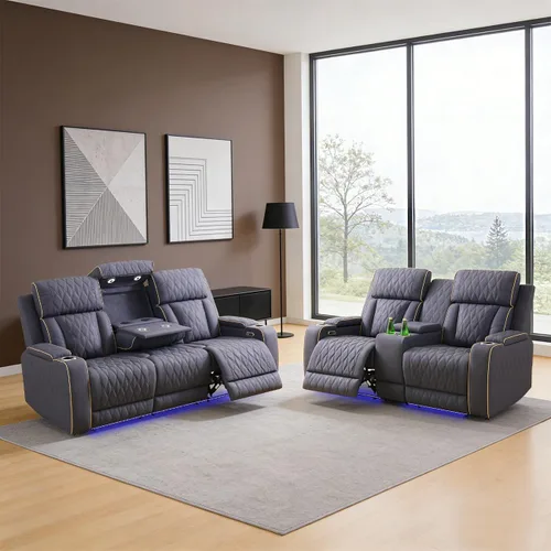 Vista 5 de Juego de sofá reclinable eléctrico para sala de estar, juego de sofá reclinable de pana con luces LED, puertos USB, almacenamiento oculto, juego