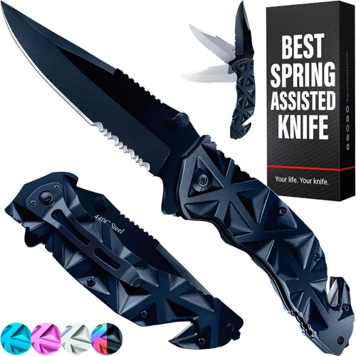 Pocket Knife for Men - Serrated Sharp 3.5" Folding Blade - Multifunction Tool with Wire Cutter Glass Breaker - Perfect Knives for Outdoor Garnish