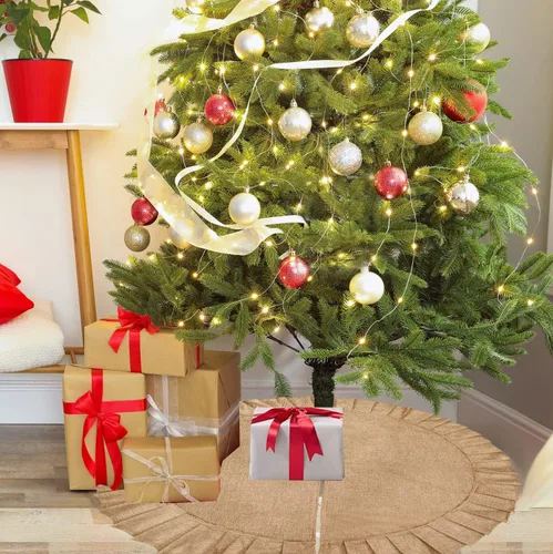 Vista 2 de Falda de árbol de Navidad, falda de árbol de arpillera de lino con borde con volantes, falda rústica de arpillera de árbol de Navidad