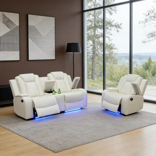 Vista 8 de Juego de sofá reclinable eléctrico para sala de estar, juego de sofá reclinable de pana con luces LED, puertos USB, almacenamiento oculto, juego