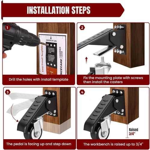 Vista 4 de SPACECARE Kit de ruedas retráctiles para banco de trabajo, ruedas de banco de trabajo resistentes con capacidad de 800 libras, ruedas ajustables