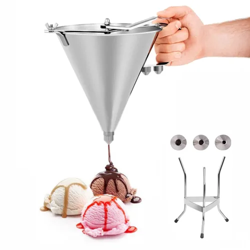tonchean Dispensador de masa para panqueques con soporte, dispensador de pasteles de embudo de acero inoxidable con 3 boquillas, embudo de