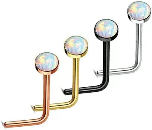 Vista 4 de Nose Stud Piercing 22 Gauge 14K Gold-Filled - Simple L-Shaped Nose Stud With White Opal - Unique Gold Nose Stud Pin - Handmade Body Jewelry for