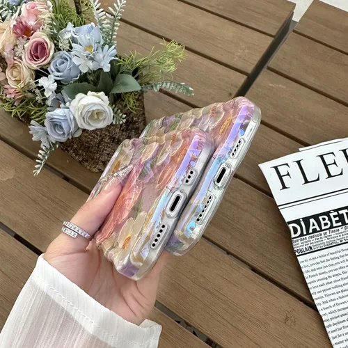 Vista 7 de Funda diseñada para iPhone 11 Pro Max para mujer, bonita forma de marco de onda rizada, pintura al óleo retro colorida y patrón brillante