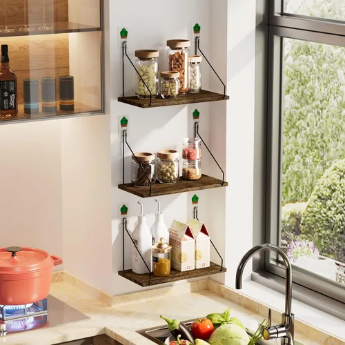 Vista 2 de QsQueen Eleva tu espacio con estantes flotantes de madera rústica, juego de 3 - Perfecto para decoración de dormitorio, sala de estar, baño y cocina