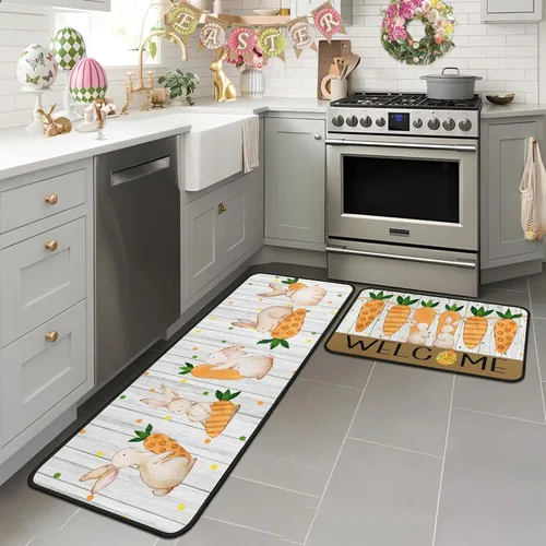 Juego de 2 alfombras y tapetes de cocina de conejo de zanahoria y conejo, decoración de Pascua antideslizante, decoración de Pascua para el hogar,