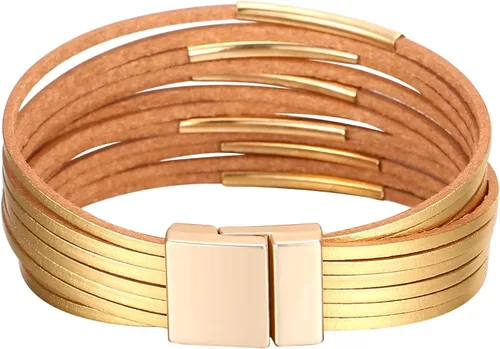 Vista 5 de Fesciory - Pulseras envolventes de cuero para mujer, brazalete de cuentas de cristal de leopardo, bohemia, multicapa