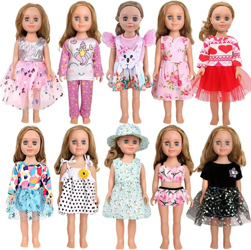 MSYO 10 juegos de ropa de muñeca para muñecas de 17 a 18 pulgadas, trajes diversos (floral, lunares, unicornio) y accesorios, juego de vestir de